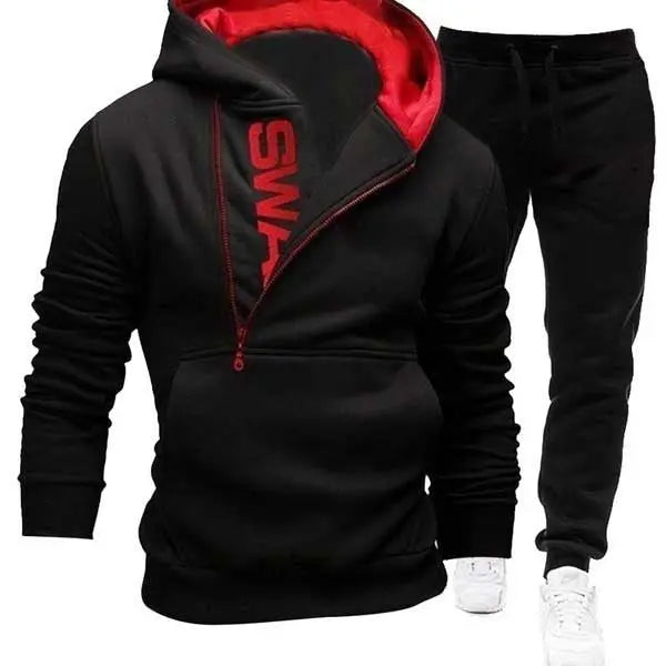 Side zipper contrast color hooded men's sweater suit - WAlMYe #
