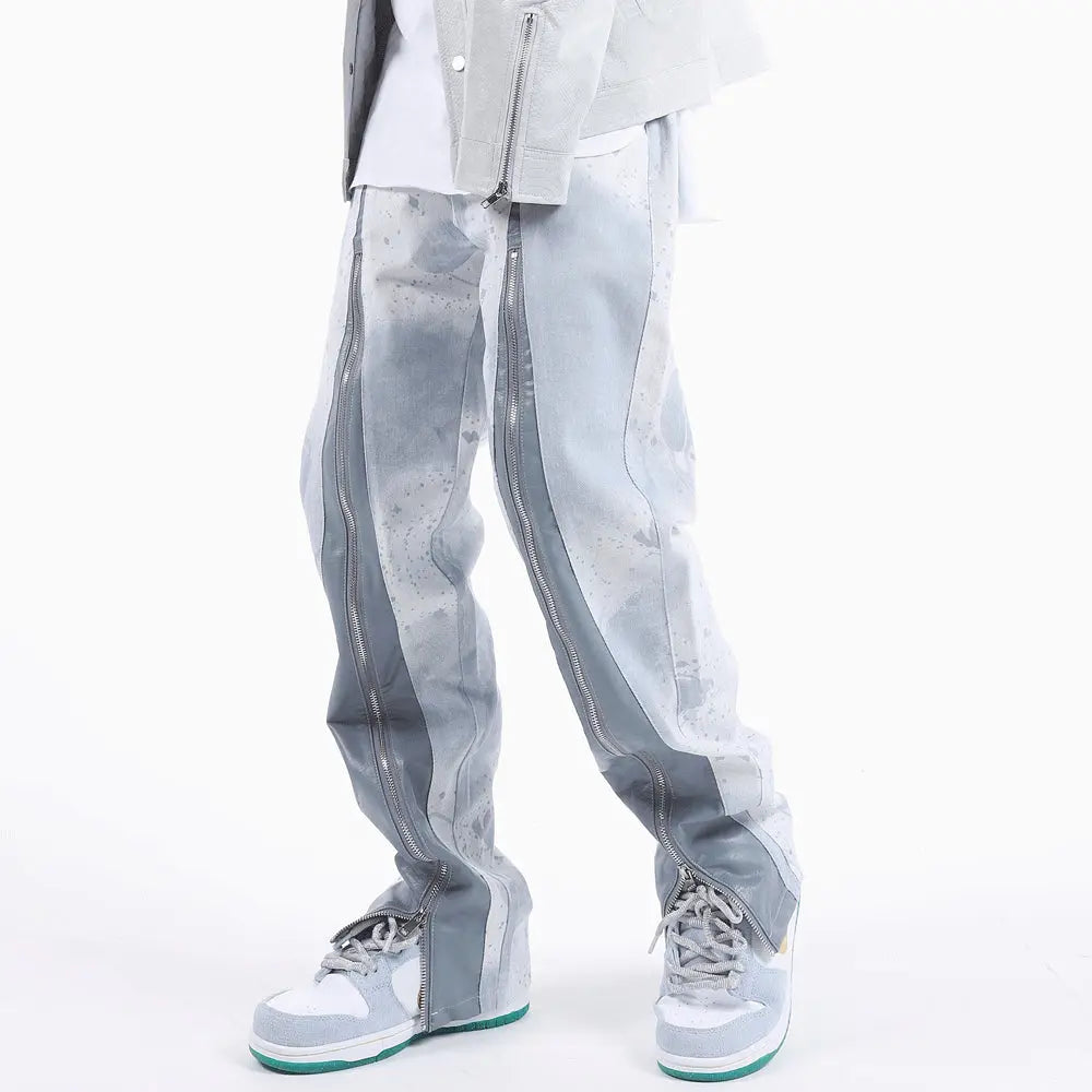 Trendy Loose PU Leather Stitching Zipper Slit Jeans - WAlMYe #