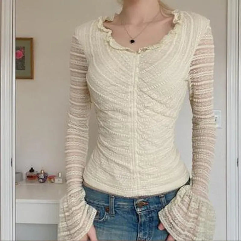 Women's Fashion Solid Color Lace Flared Sleeve Top - WAlMYe #