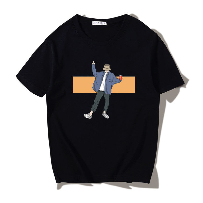 Short-sleeved T-shirt Men's All-match Loose Print Round Neck Japanese Style - WAlMYe #
