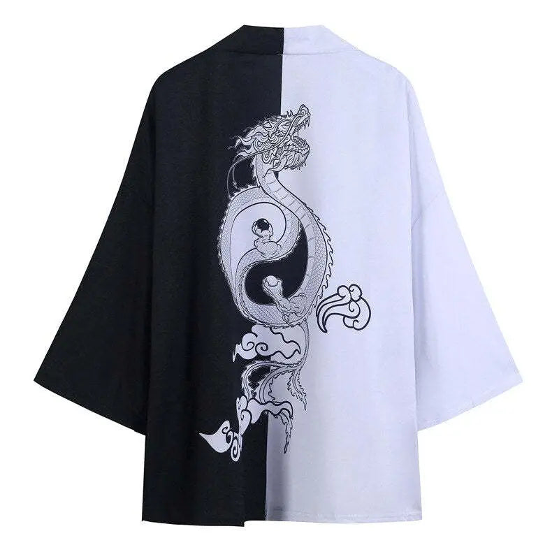 Yin and yang dragon print lightweight open-front kimono