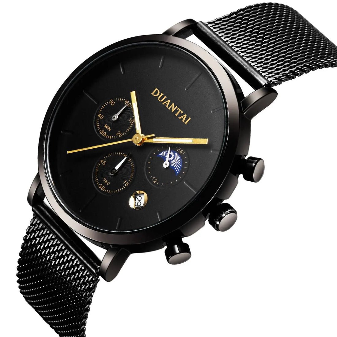 Men's three-eye six-hand multi-calendar quartz watch in black