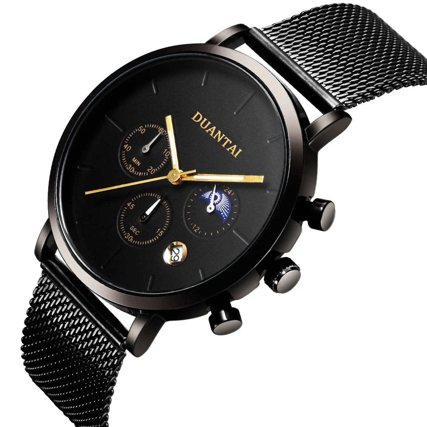 Men's three-eye six-hand multi-calendar quartz watch in black