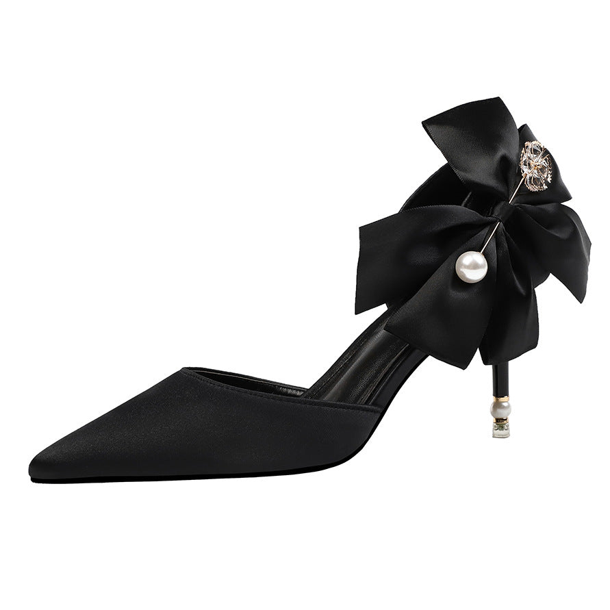 Satin High Heels Bow  Pearl Sandals - WAlMYe #