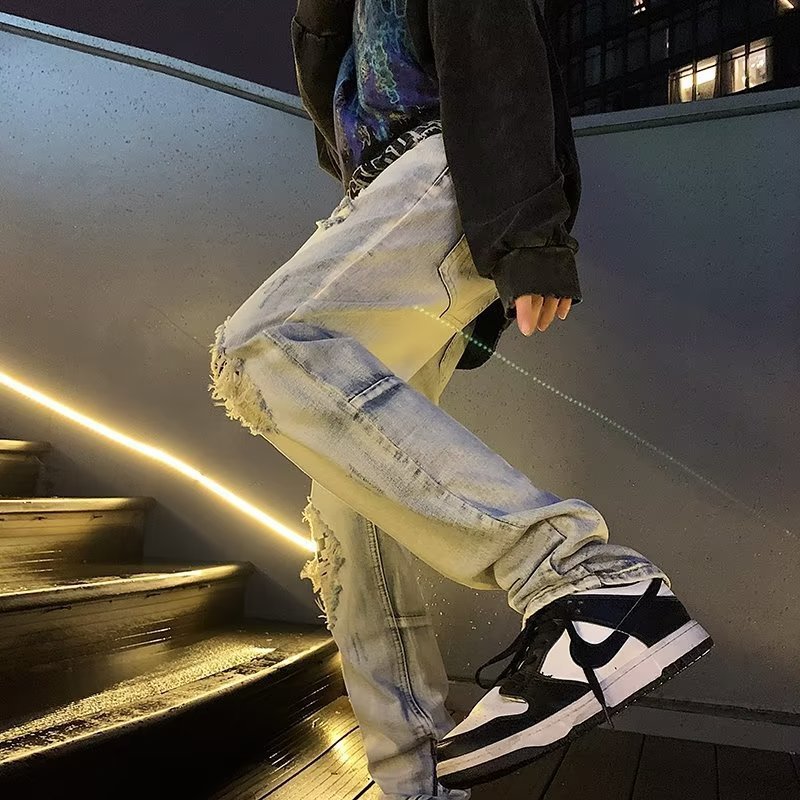 Trendy Ripped Jeans Men's American-style Retro Washed Distressed - WAlMYe #