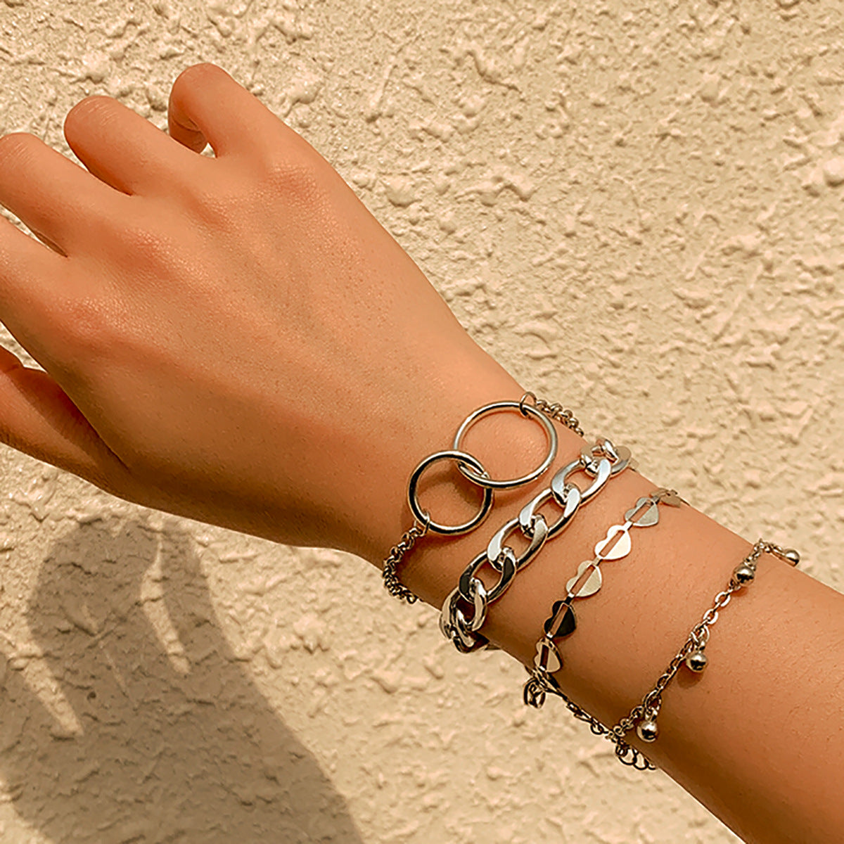 Personality Double-Loop Hanging Ball Tassel Set Bracelet, Hollow Heart-shaped Geometric Chain Bracelet Women - WAlMYe #