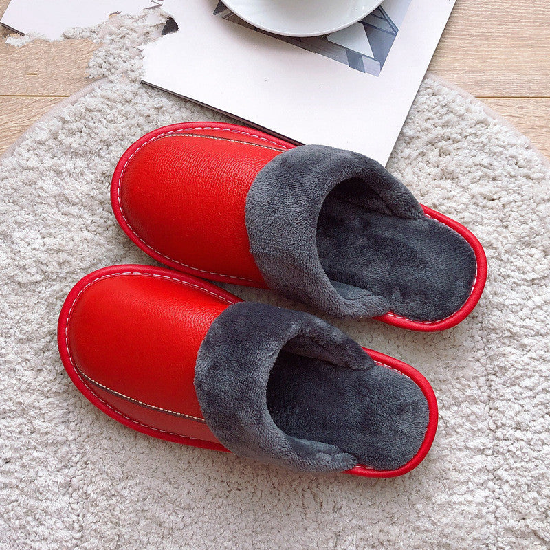 Genuine Leather Surface Cotton Home Waterproof Thick Bottom Plush Warm Slippers - WAlMYe #