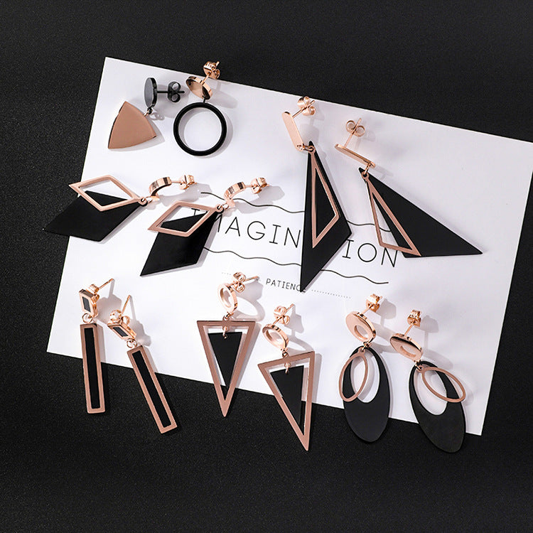 Japan and South Korea simple long tassel titanium steel earrings temperament triangle round geometric earrings - WAlMYe #