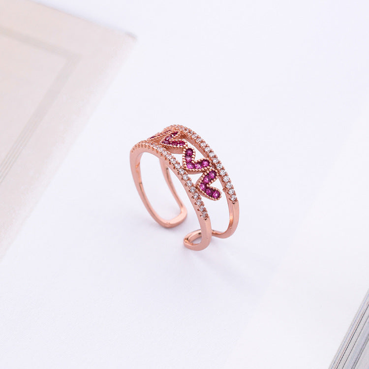 Rose red diamond hollow love opening ring wide version micro-inlaid zircon heart-shaped ring tail ring - WAlMYe #