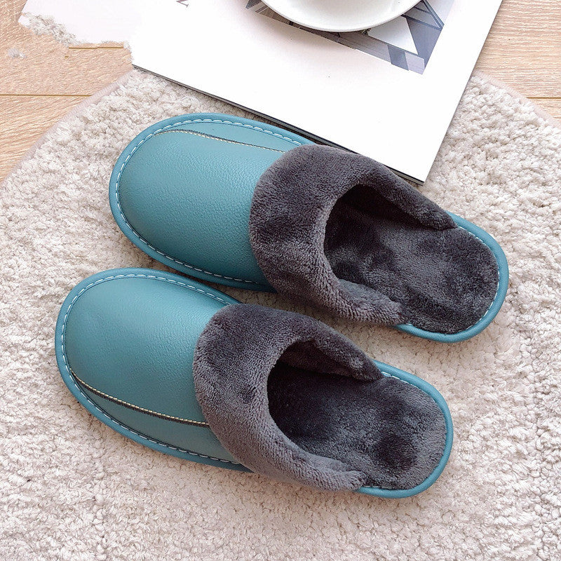 Genuine Leather Surface Cotton Home Waterproof Thick Bottom Plush Warm Slippers - WAlMYe #