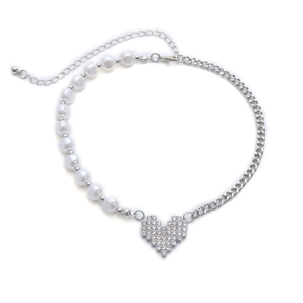 Personality Pearl Chain Necklace Women Creative Sweet Cool Micro-Inlaid Heart Shape - WAlMYe #