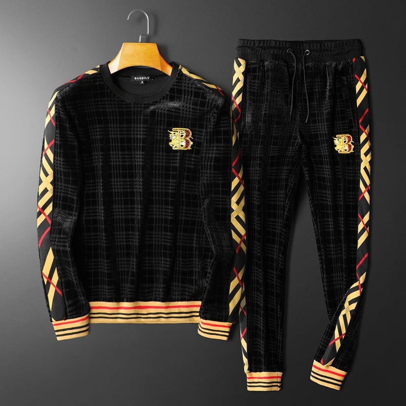 Men's Velvet Stand-Up Collar Sports Trousers Casual Suit - WAlMYe #