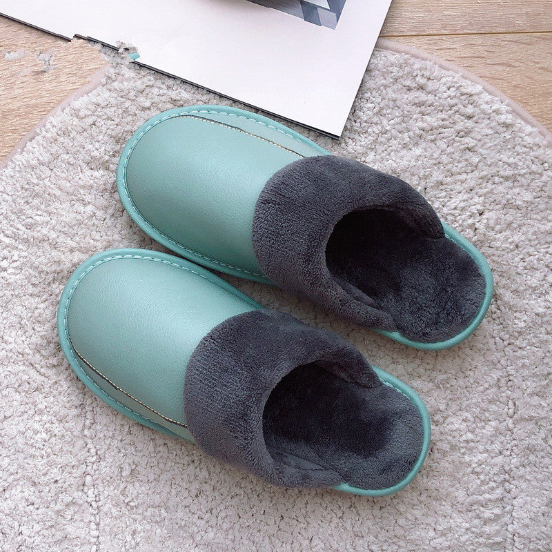 Genuine Leather Surface Cotton Home Waterproof Thick Bottom Plush Warm Slippers - WAlMYe #