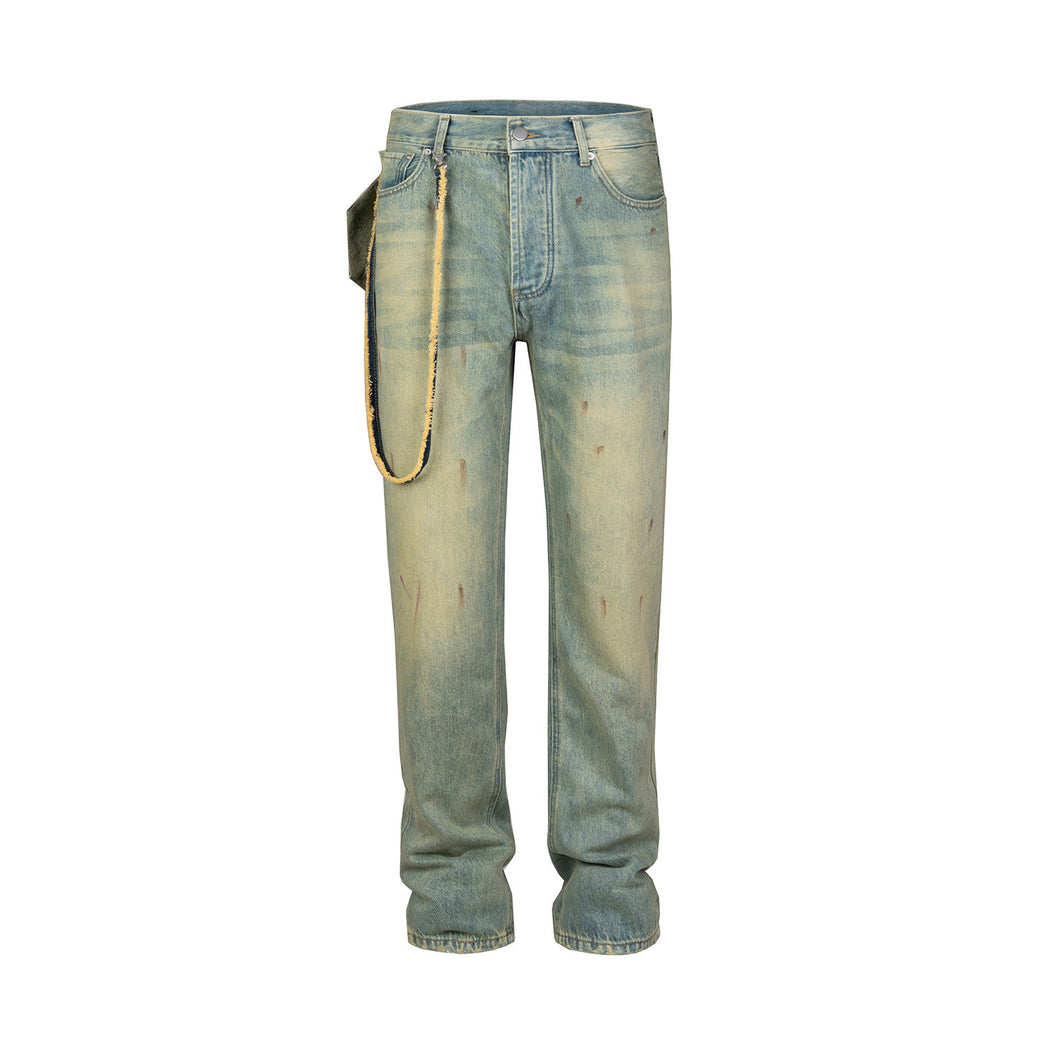 Men's New Product Water Wash Speckled Ink Chain Blue Denim Pants