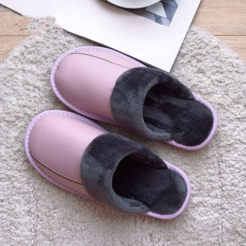 Genuine Leather Surface Cotton Home Waterproof Thick Bottom Plush Warm Slippers - WAlMYe #