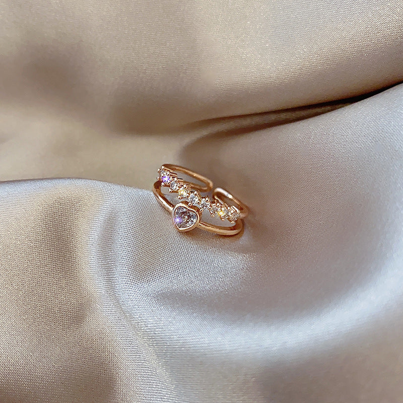 Index Finger Diamond Ring Light Luxury Zircon Double Heart Ring - WAlMYe #