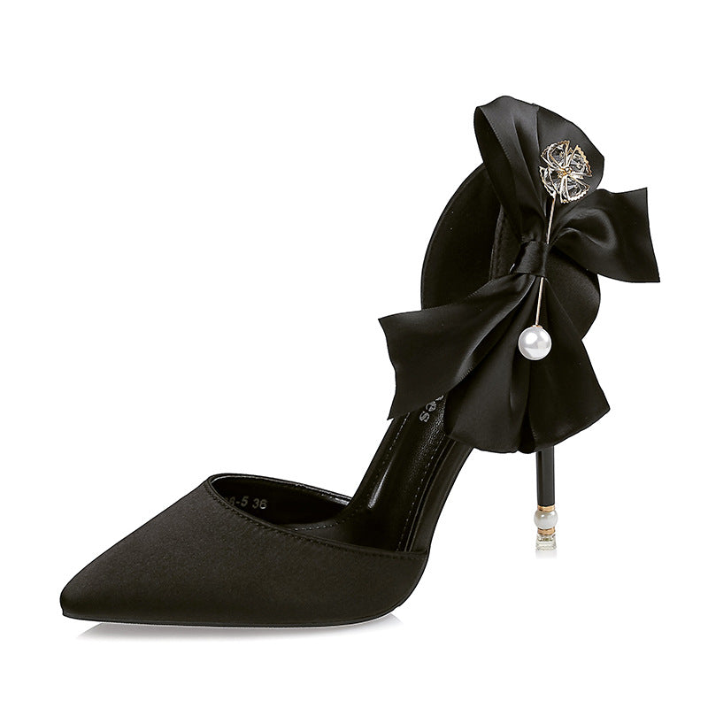 Satin High Heels Bow  Pearl Sandals - WAlMYe #