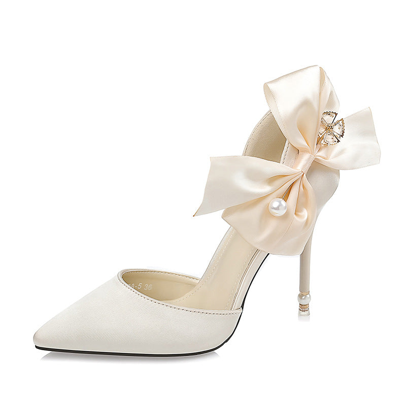 Satin High Heels Bow  Pearl Sandals - WAlMYe #
