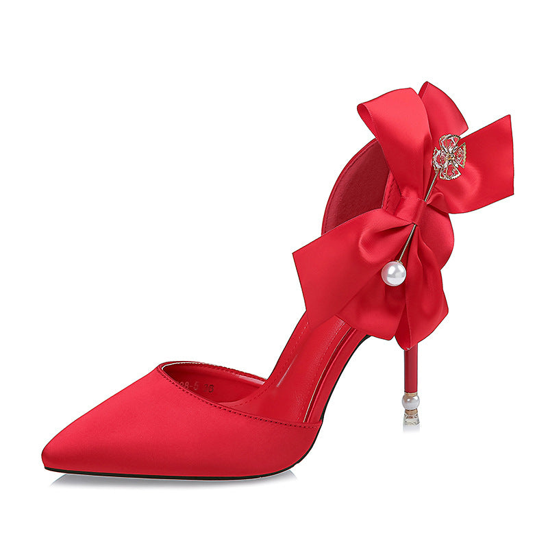 Satin High Heels Bow  Pearl Sandals - WAlMYe #