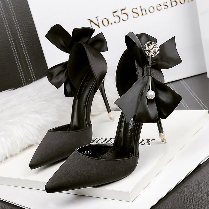 Satin High Heels Bow  Pearl Sandals - WAlMYe #