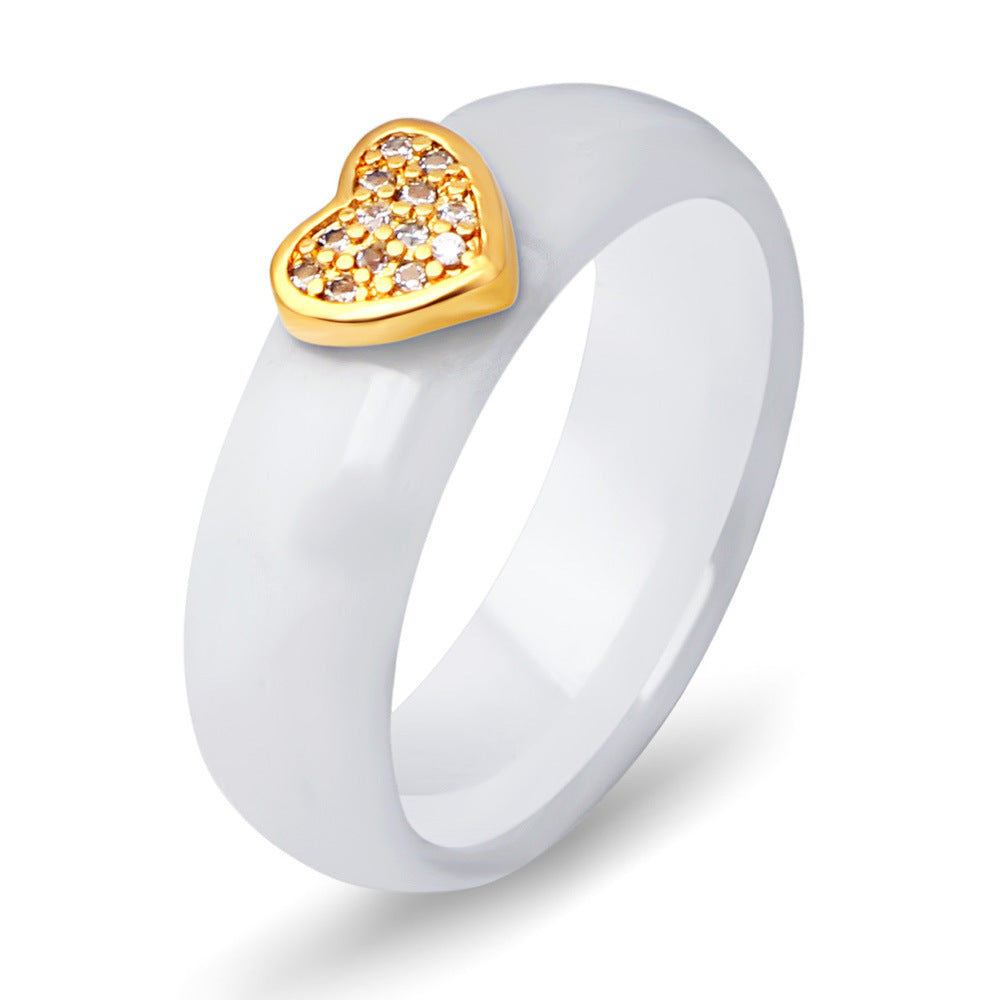 Japan And South Korea Ceramic Micro-Inlaid Zircon Heart-Shaped Black And White Couple Titanium Steel Ring - WAlMYe #