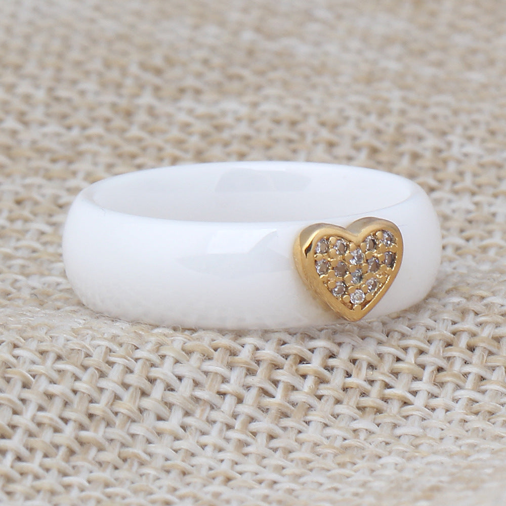 Japan And South Korea Ceramic Micro-Inlaid Zircon Heart-Shaped Black And White Couple Titanium Steel Ring - WAlMYe #