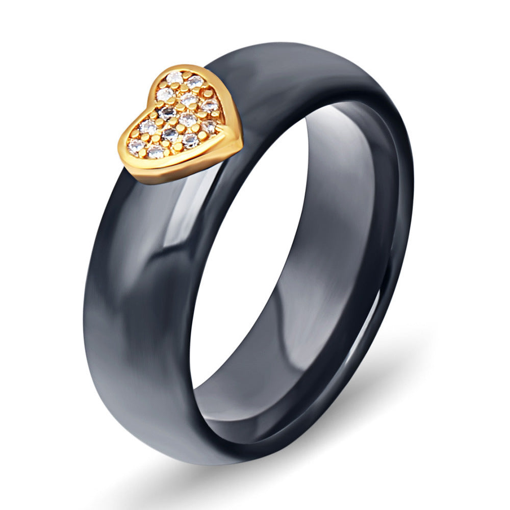 Japan And South Korea Ceramic Micro-Inlaid Zircon Heart-Shaped Black And White Couple Titanium Steel Ring - WAlMYe #