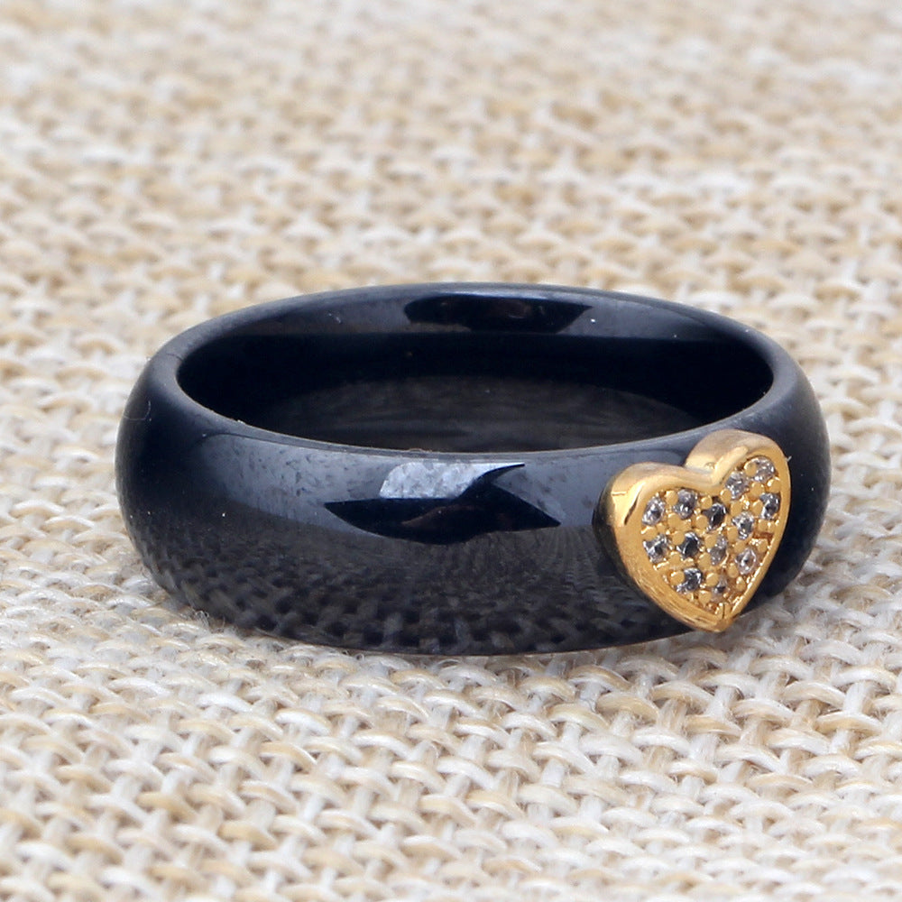 Japan And South Korea Ceramic Micro-Inlaid Zircon Heart-Shaped Black And White Couple Titanium Steel Ring - WAlMYe #