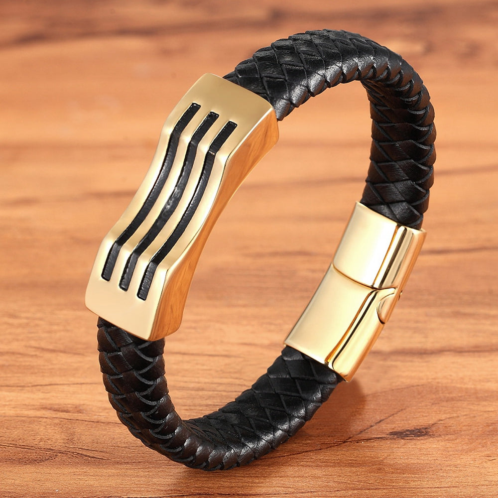 Stainless Steel Leather Braided Leather Cord Bracelet - WAlMYe #