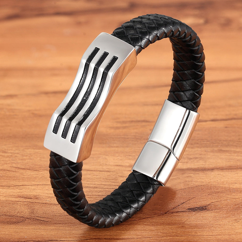 Stainless Steel Leather Braided Leather Cord Bracelet - WAlMYe #