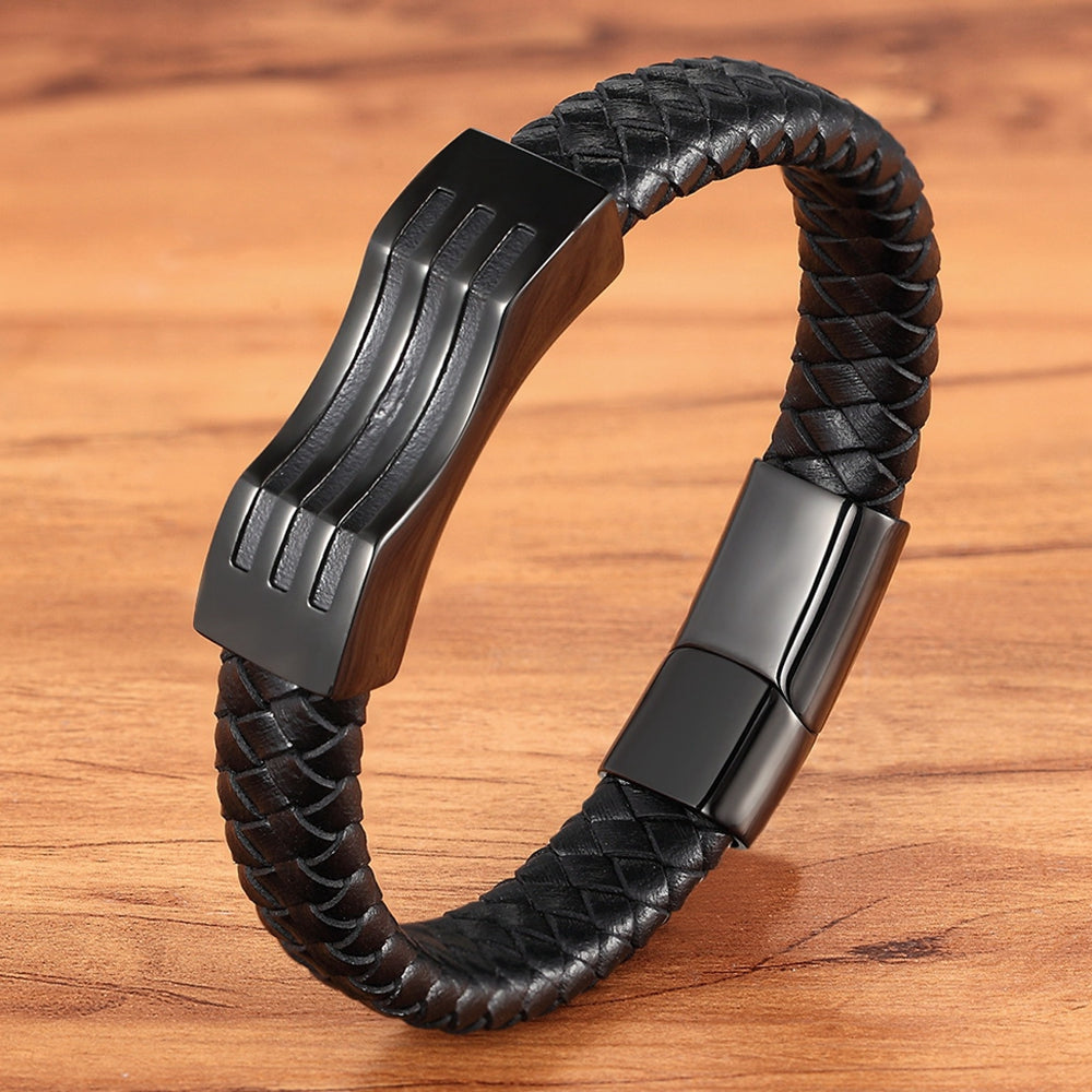 Stainless Steel Leather Braided Leather Cord Bracelet - WAlMYe #