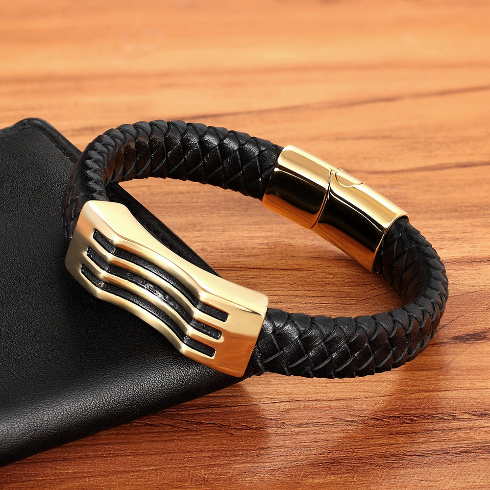 Stainless Steel Leather Braided Leather Cord Bracelet - WAlMYe #