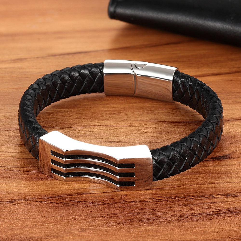 Stainless Steel Leather Braided Leather Cord Bracelet - WAlMYe #