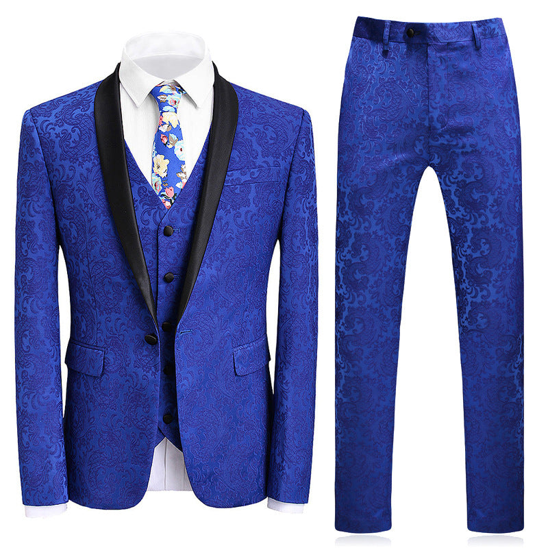 High-end Suit Jacquard Navy Blue Green Fruit Collar Men's Suit Three-piece Banquet Groom Dress