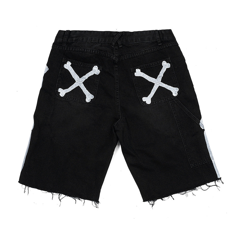 Summer Tide Brand Denim Shorts Male Raw Edge Fashion Vibrato Trend Net Red Casual Pants Washed Bone Print Pants - WAlMYe #