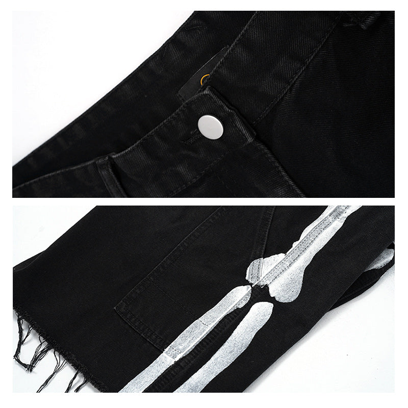 Summer Tide Brand Denim Shorts Male Raw Edge Fashion Vibrato Trend Net Red Casual Pants Washed Bone Print Pants - WAlMYe #