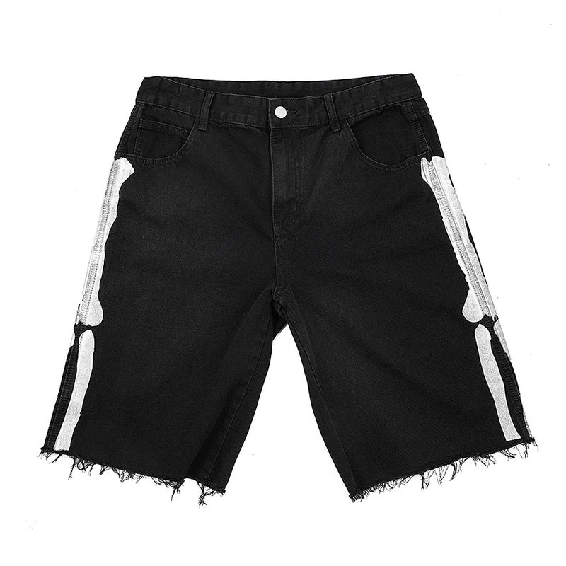 Summer Tide Brand Denim Shorts Male Raw Edge Fashion Vibrato Trend Net Red Casual Pants Washed Bone Print Pants