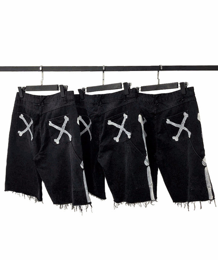 Summer Tide Brand Denim Shorts Male Raw Edge Fashion Vibrato Trend Net Red Casual Pants Washed Bone Print Pants - WAlMYe #