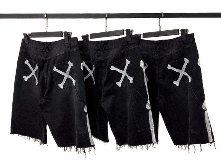 Summer Tide Brand Denim Shorts Male Raw Edge Fashion Vibrato Trend Net Red Casual Pants Washed Bone Print Pants - WAlMYe #