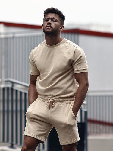 Men's Light Khaki Short Sleeve T-Shirt Sports Suit - WAlMYe #