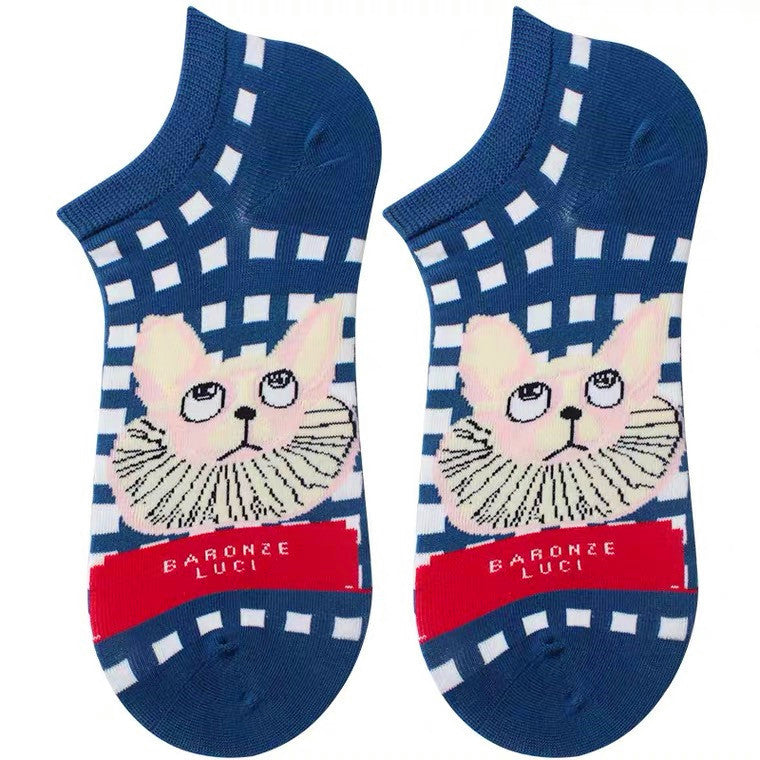 French Cat Illustration Socks Female Cute Cartoon Cat Lolita Illustration Ins Tide Socks Shallow Mouth Socks - WAlMYe #