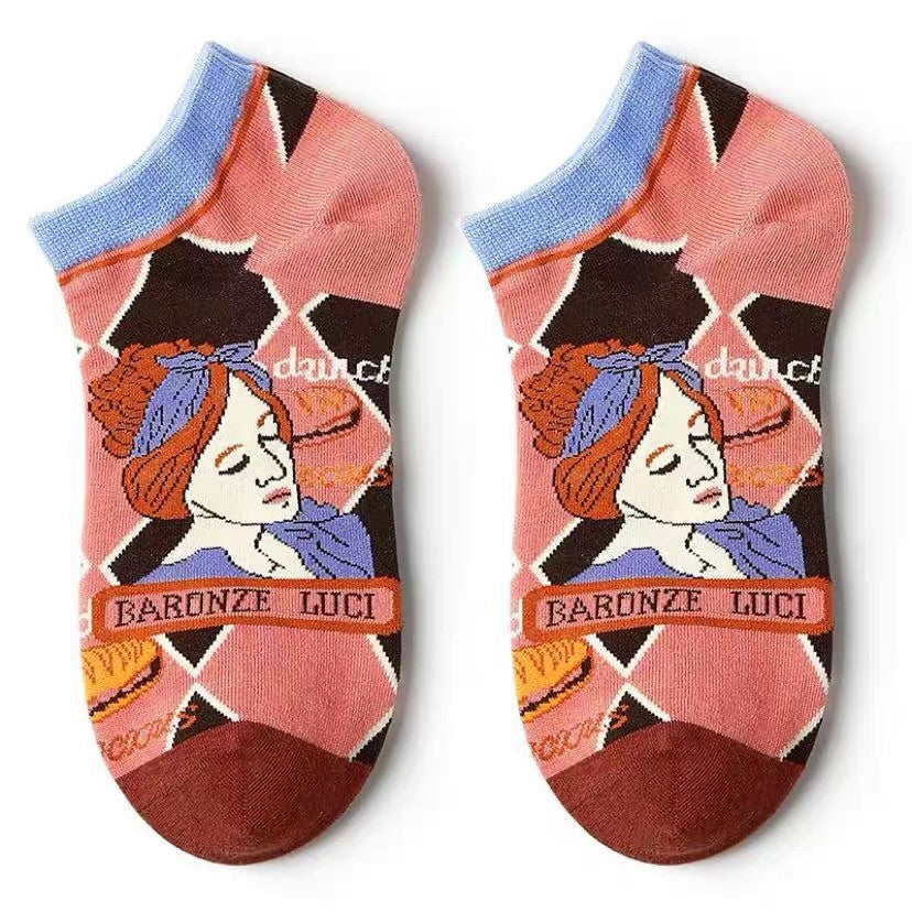 French Cat Illustration Socks Female Cute Cartoon Cat Lolita Illustration Ins Tide Socks Shallow Mouth Socks - WAlMYe #