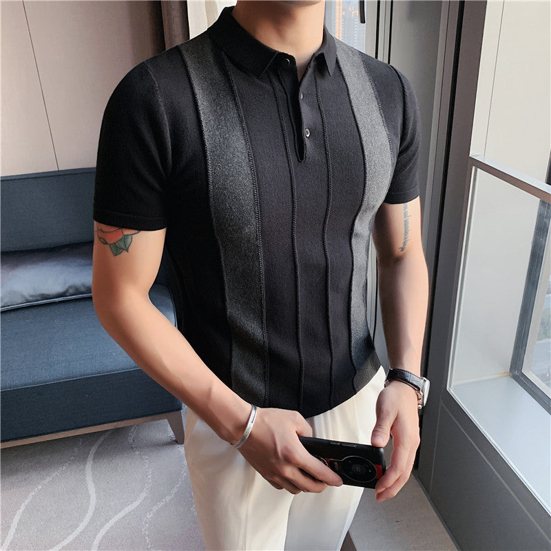 Colorblock Striped Short-Sleeved Lapel T-Shirt - WAlMYe #