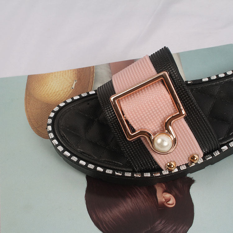 Ladies Summer New Fashion Daily Pearl Buckle Flat Sandals And Slippers - WAlMYe #