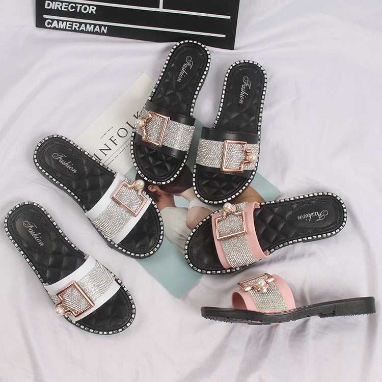 Ladies Summer New Fashion Daily Pearl Buckle Flat Sandals And Slippers - WAlMYe #