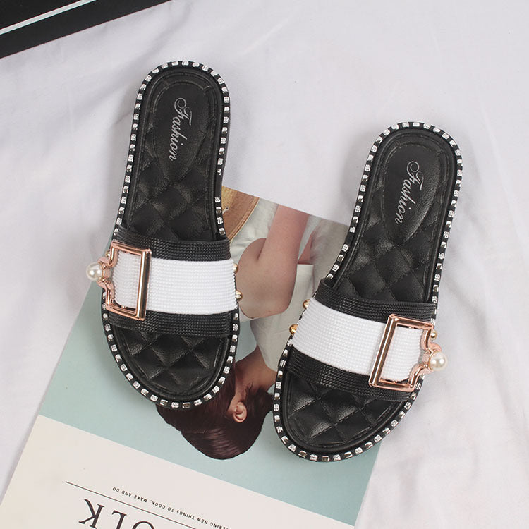Ladies Summer New Fashion Daily Pearl Buckle Flat Sandals And Slippers - WAlMYe #