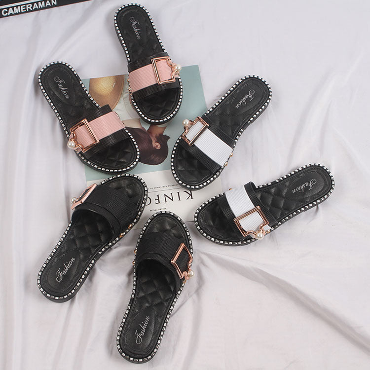 Ladies Summer New Fashion Daily Pearl Buckle Flat Sandals And Slippers - WAlMYe #