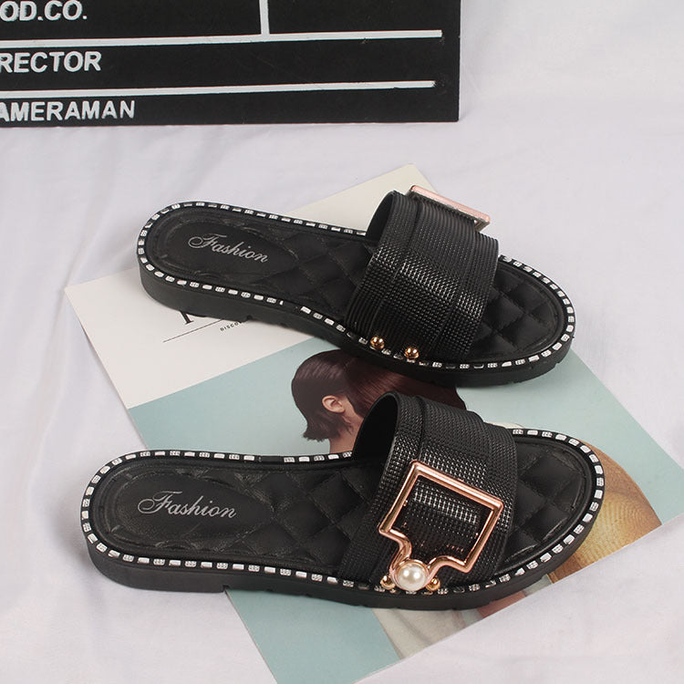 Ladies Summer New Fashion Daily Pearl Buckle Flat Sandals And Slippers - WAlMYe #