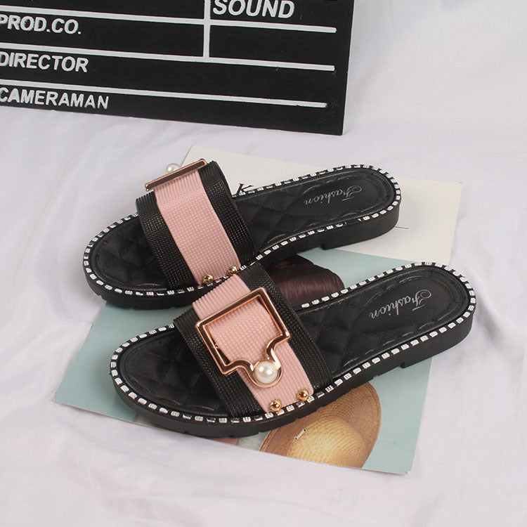 Ladies Summer New Fashion Daily Pearl Buckle Flat Sandals And Slippers - WAlMYe #