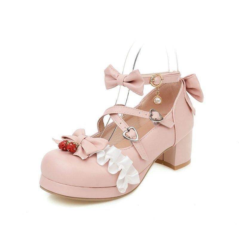 Bowknot High Heels Fairy Style Thick Heel Round Toe Shoes - WAlMYe #